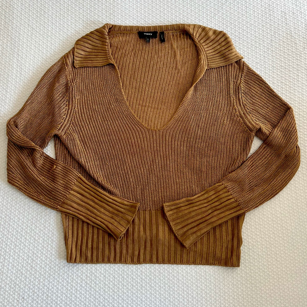 Theory Collared Brown Semi-Metallic Sweater Size Large